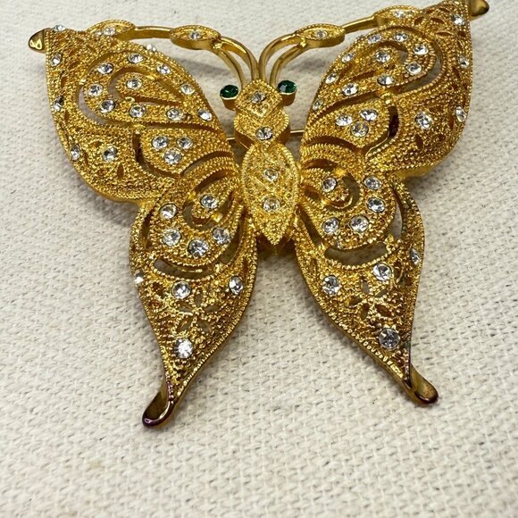 Ornate Butterfly Brooch Pin Gold-Tone Sparkly Rhinestone 2.5" Statement - Picture 2 of 8